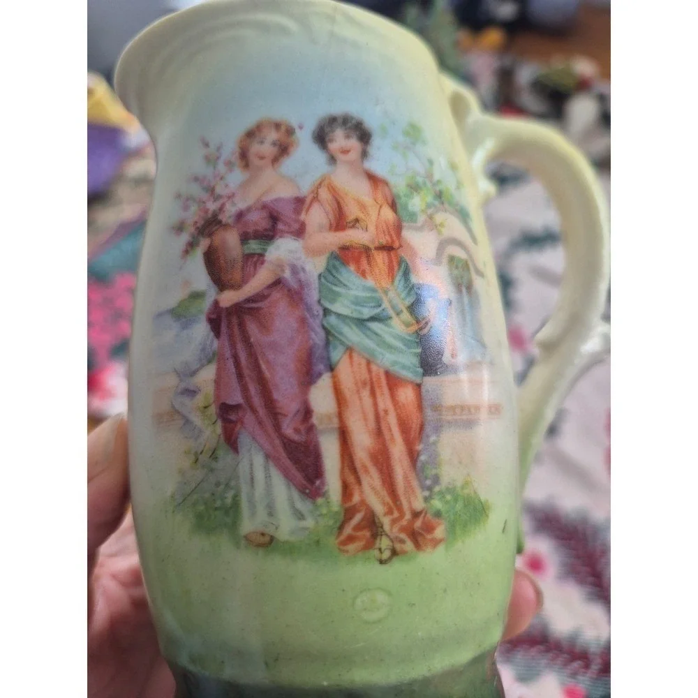 Vintage 1930s Czechoslovakia Ceramic Pitcher Hand Painted Floral Pastoral‎ Scene